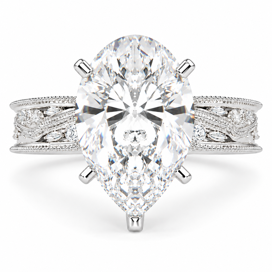 Sabrina 7 Carat Pear Cut Solitaire Hand Engraved Milgrain Engagement Ring