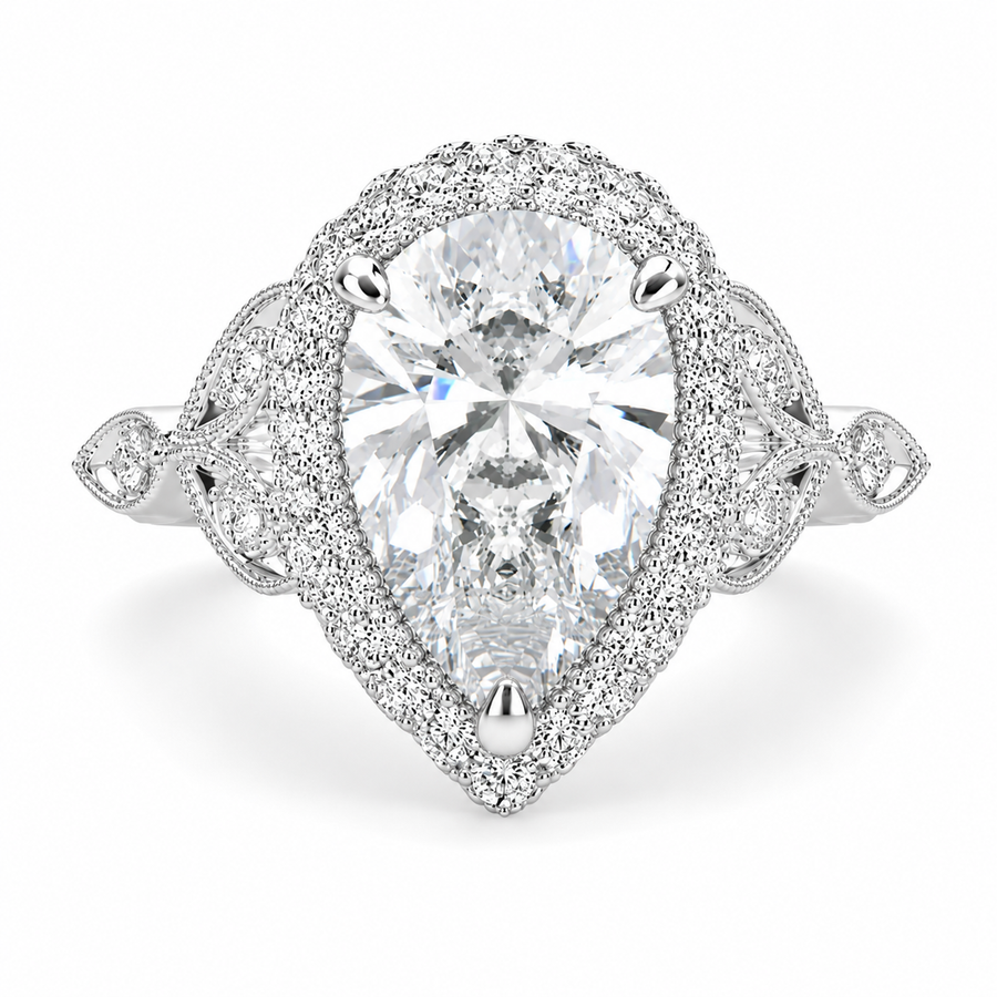 Ada 6.35 Carat Pear Cut Halo Pave Engagement Ring