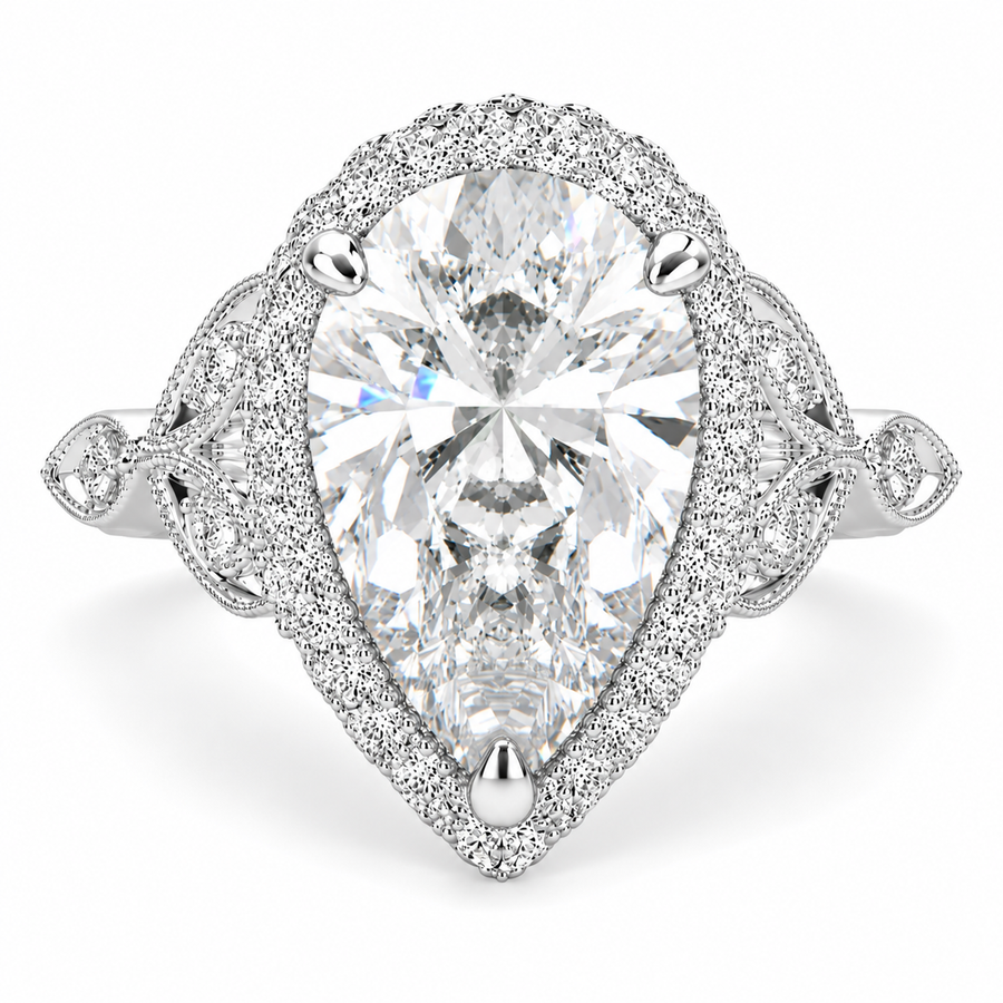 Ada 7.35 Carat Pear Cut Halo Pave Engagement Ring
