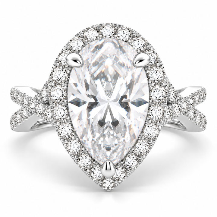 Ophelia 7.35 Carat Pear Cut Pave Halo Split Shank Engagement Ring