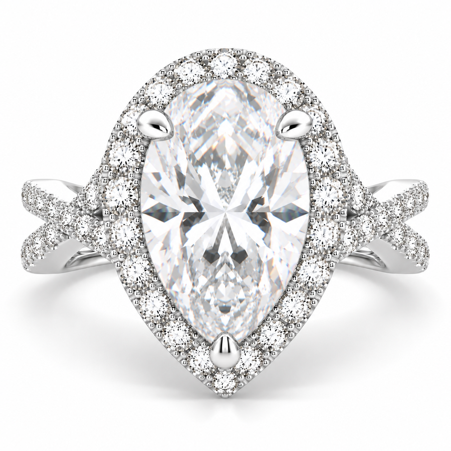 Ophelia 7.35 Carat Pear Cut Pave Halo Split Shank Engagement Ring