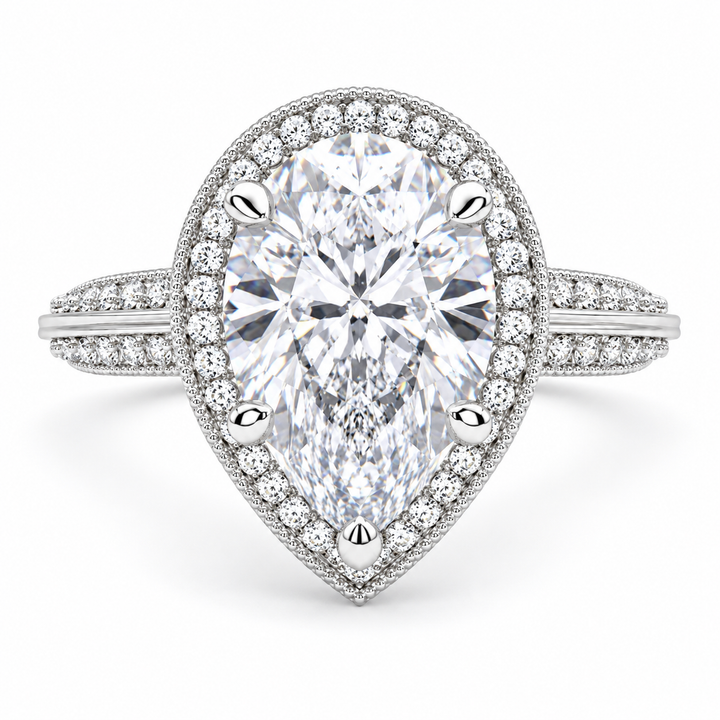 Beatrice 5.45 Carat Pear Cut Halo Pave Knife Edge Milgrain Engagement Ring