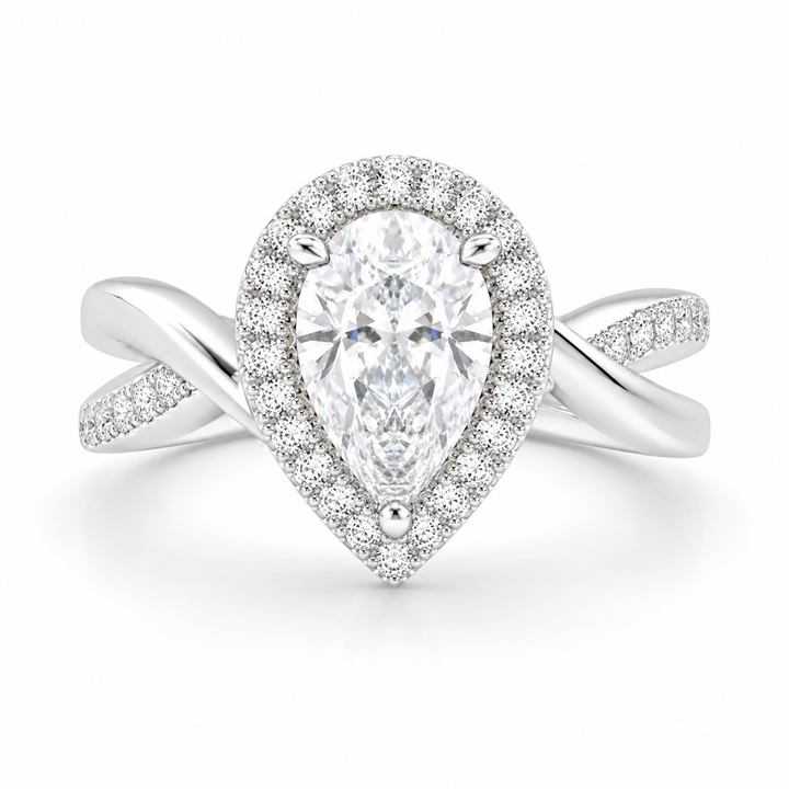 Celestina 2.35 Carat Pear Cut Halo Pave Split Shank Engagement Ring