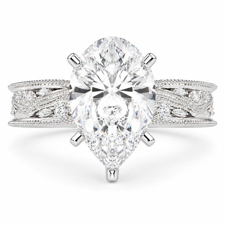 Sabrina 6 Carat Pear Cut Solitaire Hand Engraved Milgrain Engagement Ring