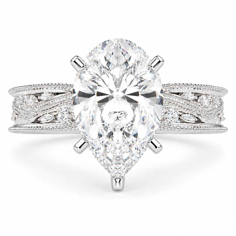 Sabrina 6 Carat Pear Cut Solitaire Hand Engraved Milgrain Engagement Ring