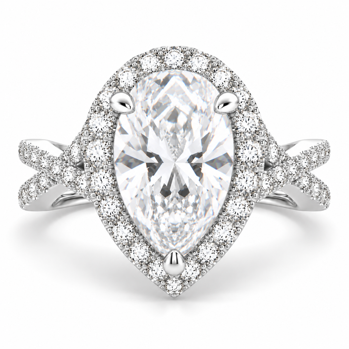 Ophelia 6.35 Carat Pear Cut Pave Halo Split Shank Engagement Ring