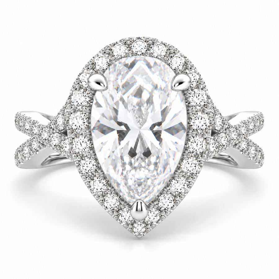 Ophelia 6.35 Carat Pear Cut Pave Halo Split Shank Engagement Ring