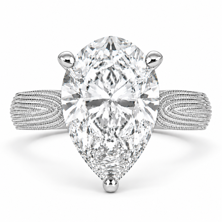 Valentina 4 Carat Pear Cut Solitaire Tapered Milgrain Engagement Ring