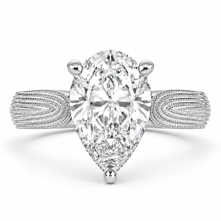 Valentina 2 Carat Pear Cut Solitaire Tapered Milgrain Engagement Ring
