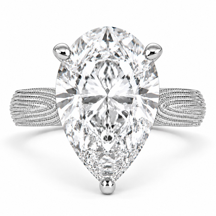 Valentina 5 Carat Pear Cut Solitaire Tapered Milgrain Engagement Ring