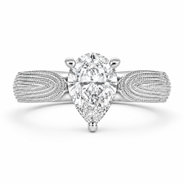 Valentina 1 Carat Pear Cut Solitaire Tapered Milgrain Engagement Ring