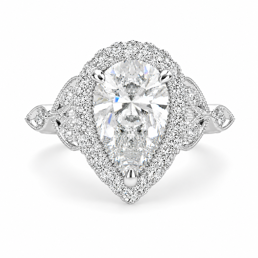 Ada 5.35 Carat Pear Cut Halo Pave Engagement Ring