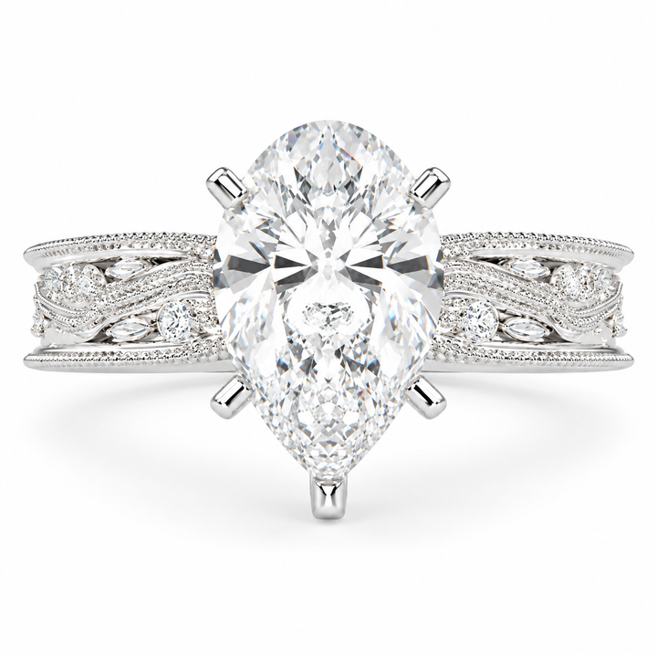 Sabrina 5 Carat Pear Cut Solitaire Hand Engraved Milgrain Engagement Ring