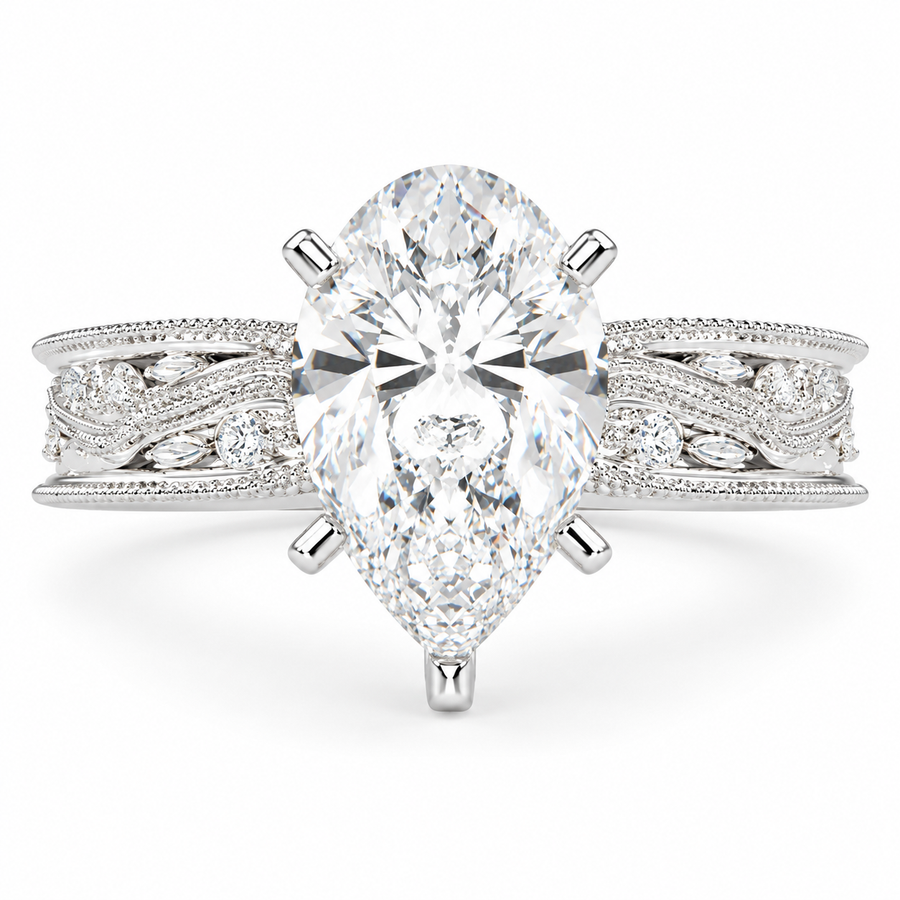 Sabrina 5 Carat Pear Cut Solitaire Hand Engraved Milgrain Engagement Ring
