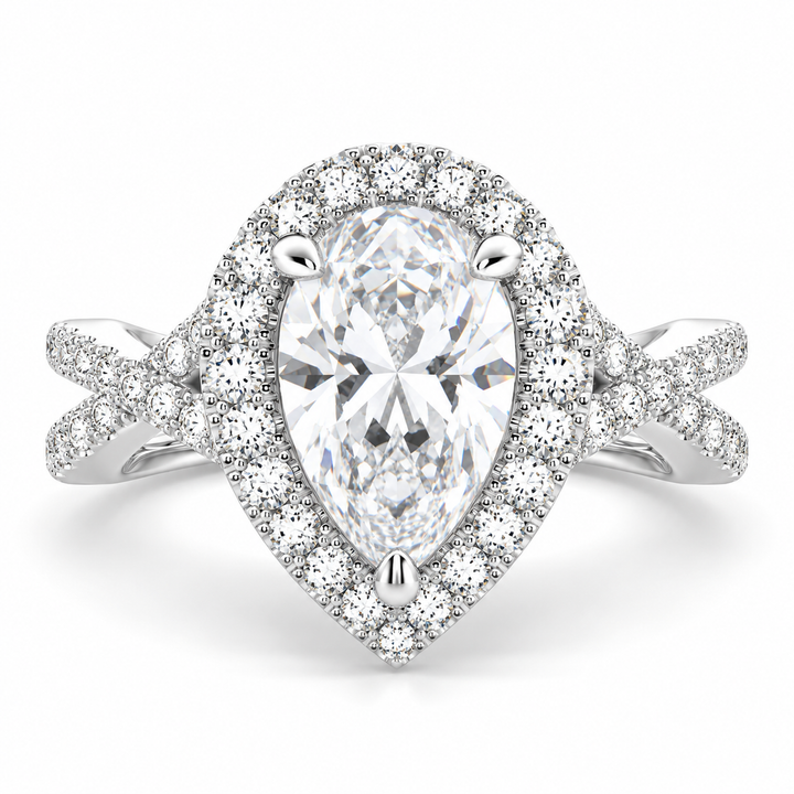 Ophelia 3.35 Carat Pear Cut Pave Halo Split Shank Engagement Ring