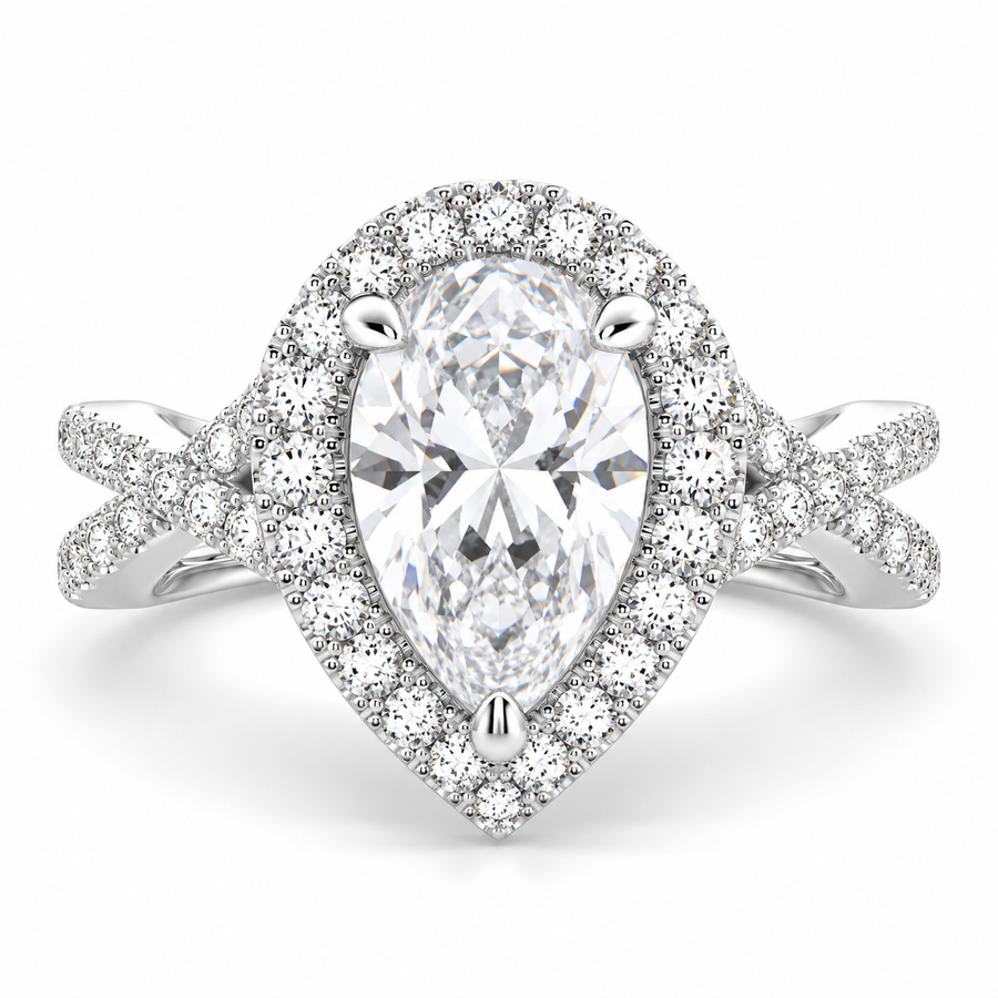 Ophelia 3.35 Carat Pear Cut Pave Halo Split Shank Engagement Ring