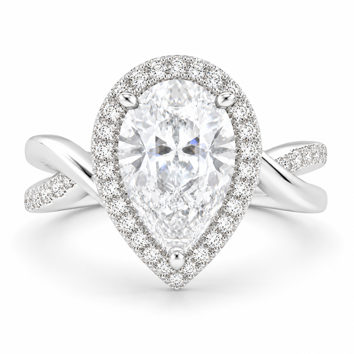 Celestina 5.35 Carat Pear Cut Halo Pave Split Shank Engagement Ring