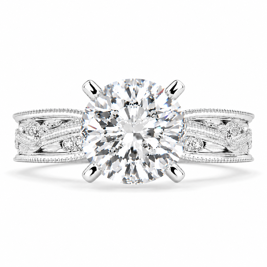 Sabrina 5 Carat Cushion Cut Solitaire Hand Engraved Milgrain Engagement Ring