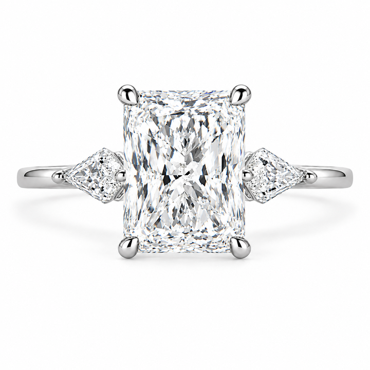 6 CT Radiant Cut Lab-Grown Diamond Three-Stone Engagement Ring with Kite Side Stones in 14K White Gold
