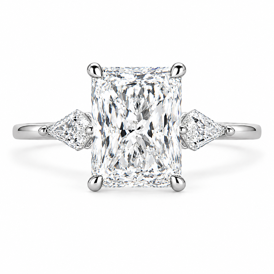 6 CT Radiant Cut Lab-Grown Diamond Three-Stone Engagement Ring with Kite Side Stones in 14K White Gold