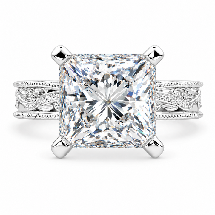 Sabrina 7 Carat Princess Cut Solitaire Hand Engraved Milgrain Engagement Ring