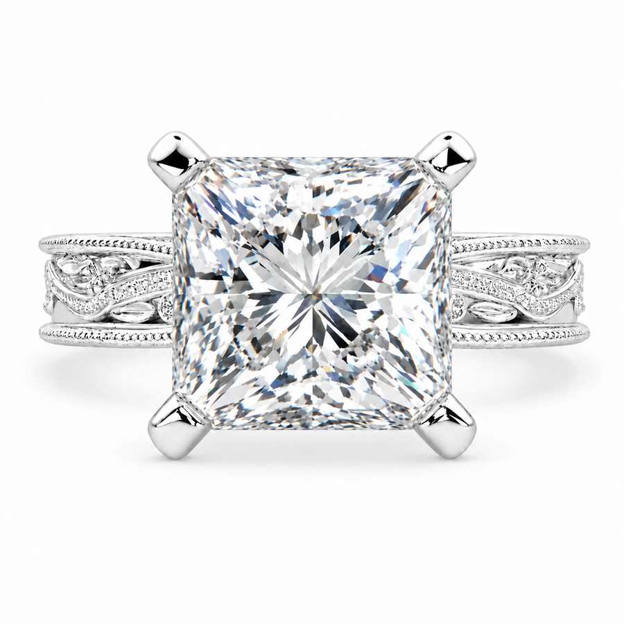 Sabrina 7 Carat Princess Cut Solitaire Hand Engraved Milgrain Engagement Ring