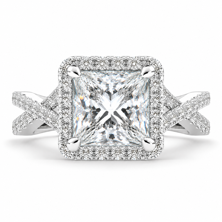 Ophelia 5.35 Carat Princess Cut Pave Halo Split Shank Engagement Ring