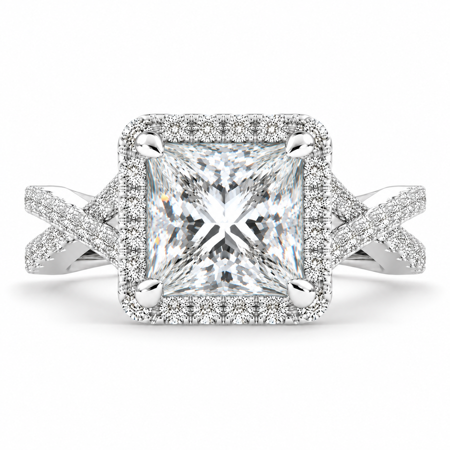 Ophelia 5.35 Carat Princess Cut Pave Halo Split Shank Engagement Ring