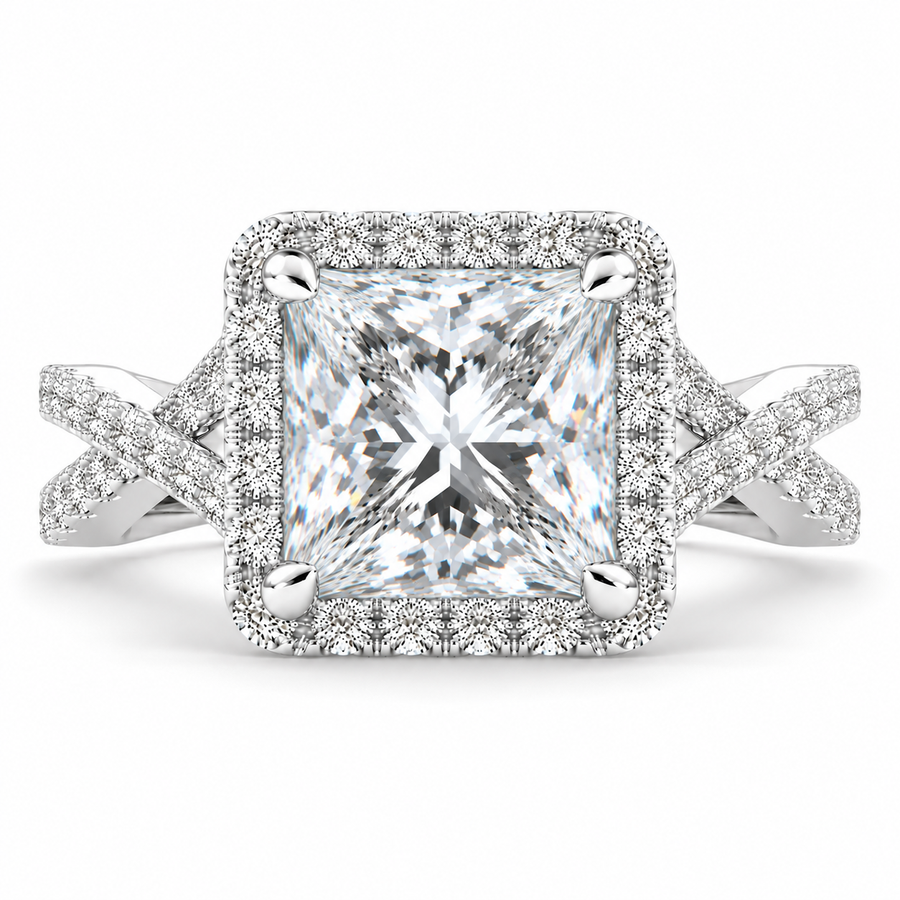 Ophelia 6.35 Carat Princess Cut Pave Halo Split Shank Engagement Ring