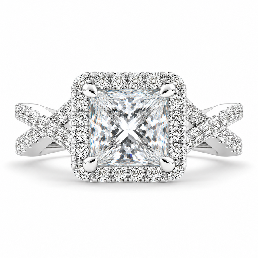 Ophelia 3.35 Carat Princess Cut Pave Halo Split Shank Engagement Ring