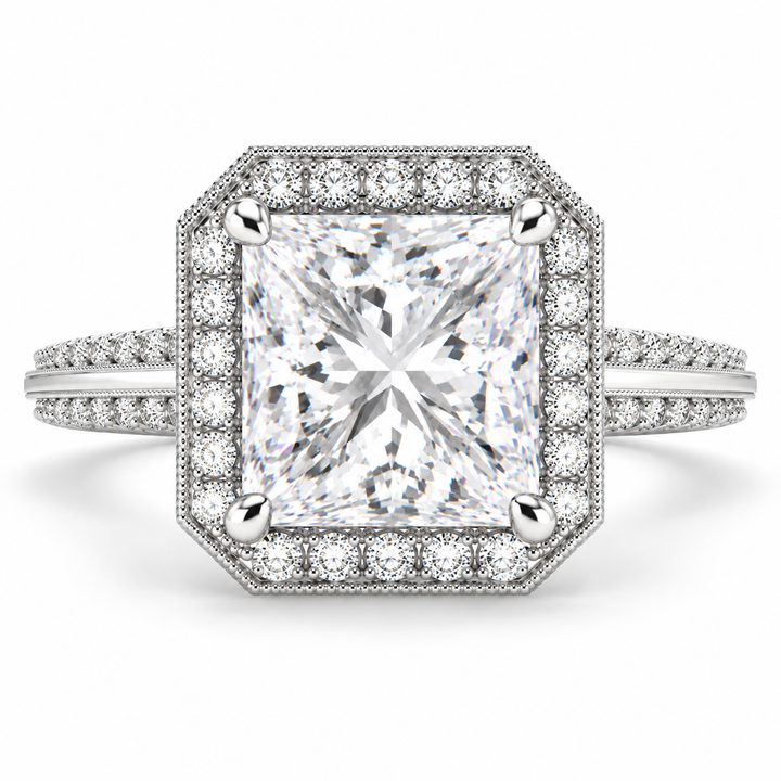 Beatrice 2.45 Carat Princess Cut Halo Pave Knife Edge Milgrain Engagement Ring
