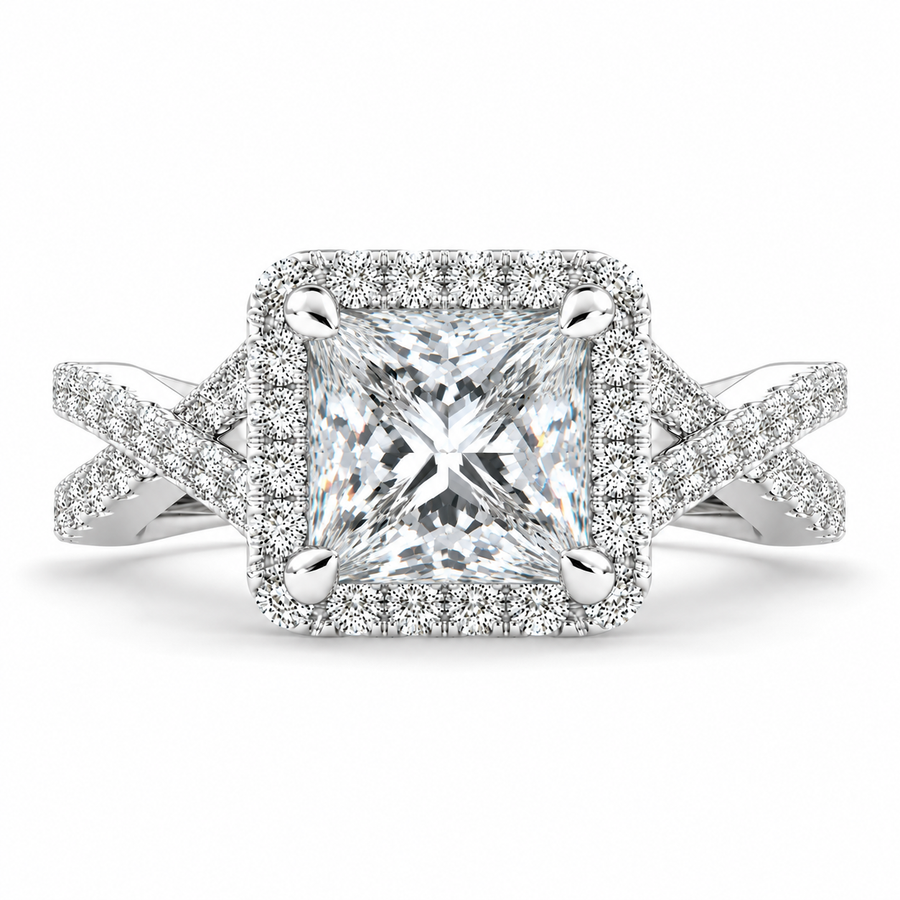 Ophelia 2.35 Carat Princess Cut Pave Halo Split Shank Engagement Ring