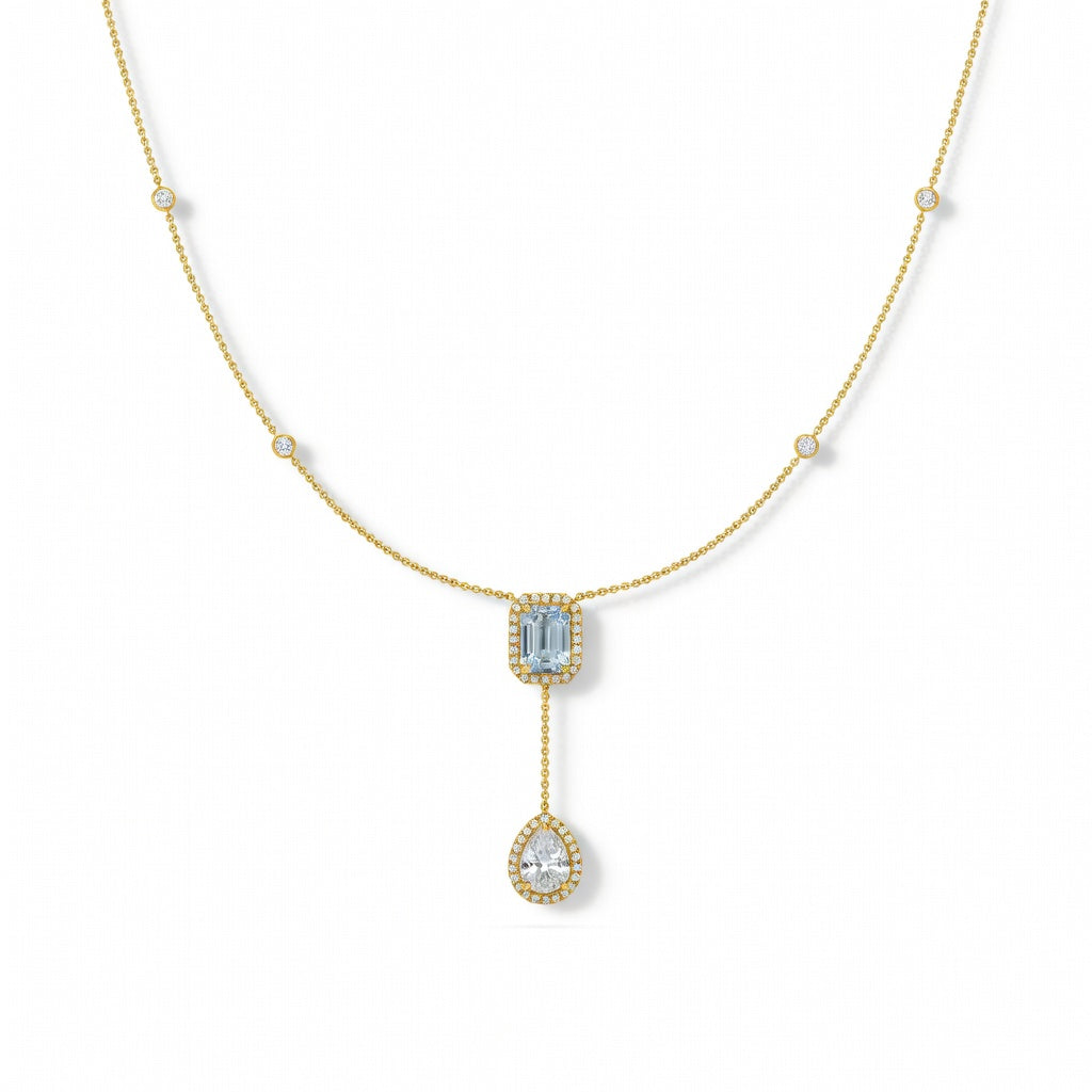 2.1 Ct Emerald Pear Round Cut Diamond Lariat Necklace VS1 D-F White Gold 14k