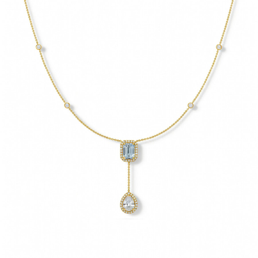 2.1 Ct Emerald Pear Round Cut Diamond Lariat Necklace VS1 D-F White Gold 14k
