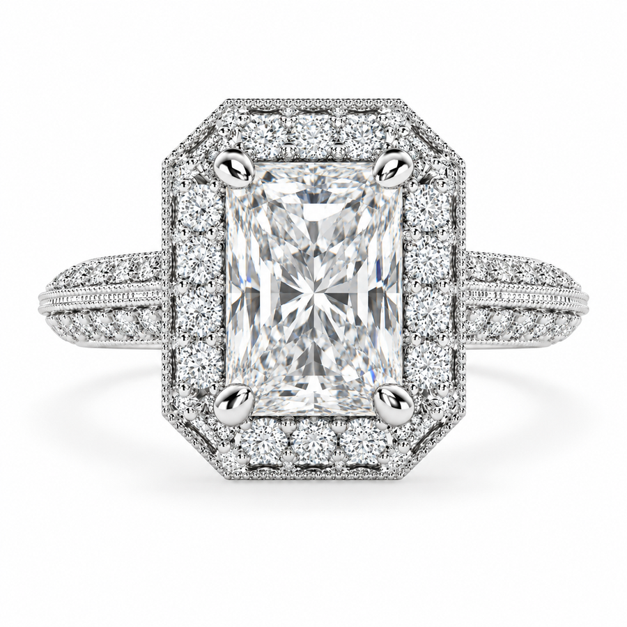 4 CT Beatrice Radiant Cut Lab-Grown Diamond Halo Pavé Knife Edge Milgrain Engagement Ring in 14K White Gold