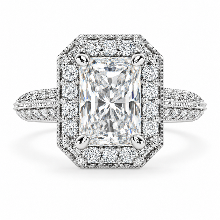 5 CT Beatrice Radiant Cut Lab-Grown Diamond Halo Pavé Knife Edge Milgrain Engagement Ring in 14K White Gold