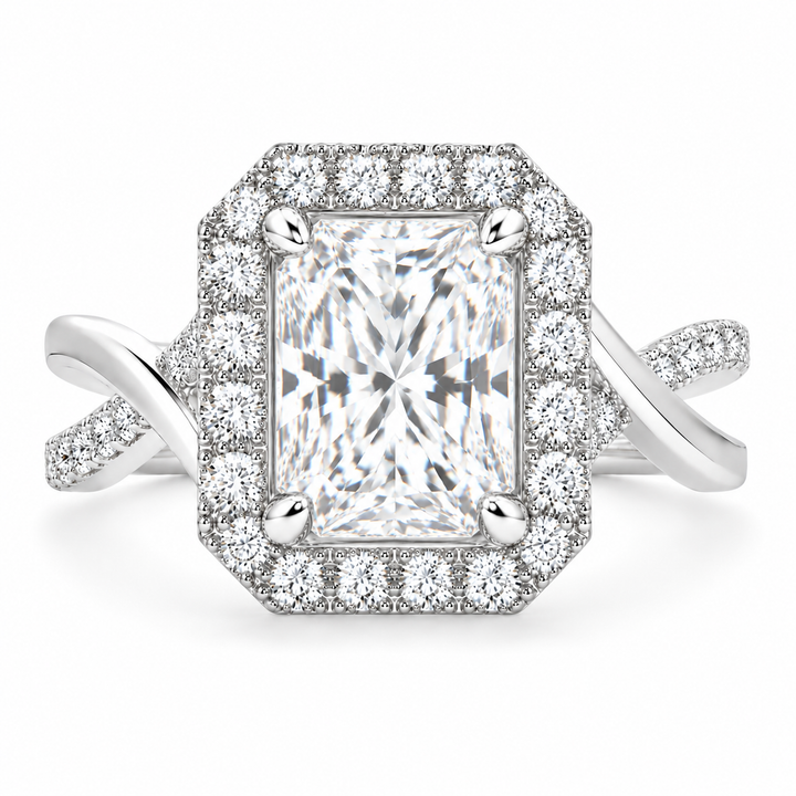 Celestina 4.35 Carat Radiant Cut Halo Pave Split Shank Engagement Ring