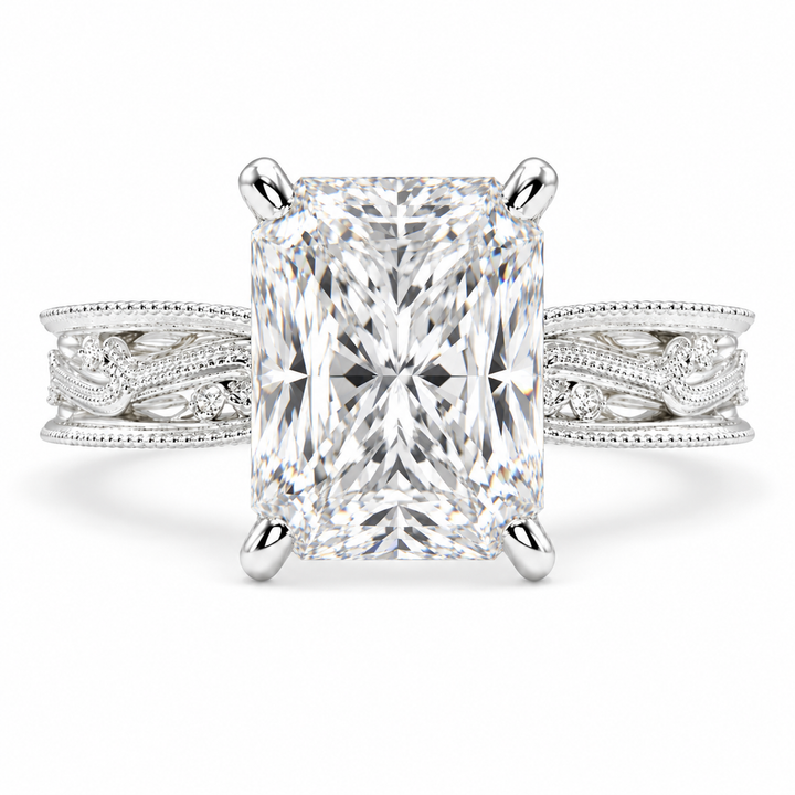 Sabrina 6 Carat Radiant Cut Solitaire Hand Engraved Milgrain Engagement Ring