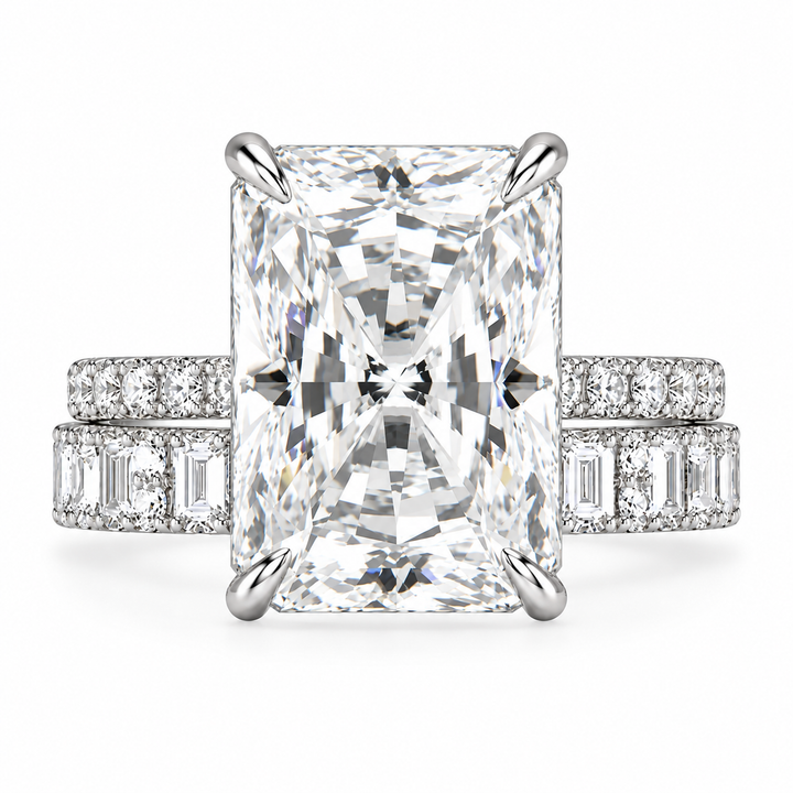 6 CT Radiant Cut Lab-Grown Diamond 2-Piece Bridal Set in 14K White Gold – Modern Stackable Wedding Ring Design
