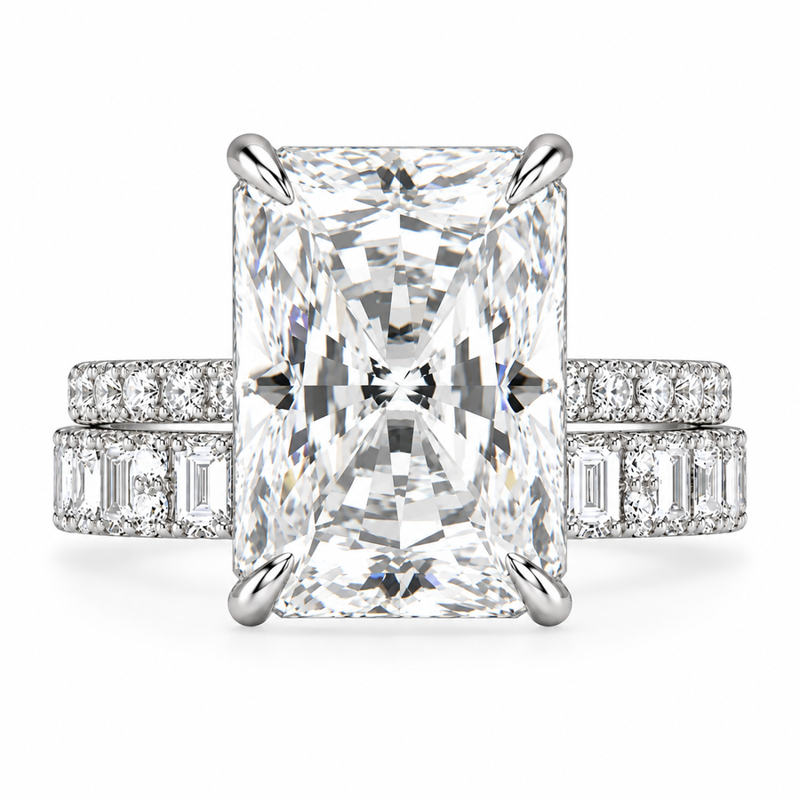 6 CT Radiant Cut Lab-Grown Diamond 2-Piece Bridal Set in 14K White Gold – Modern Stackable Wedding Ring Design