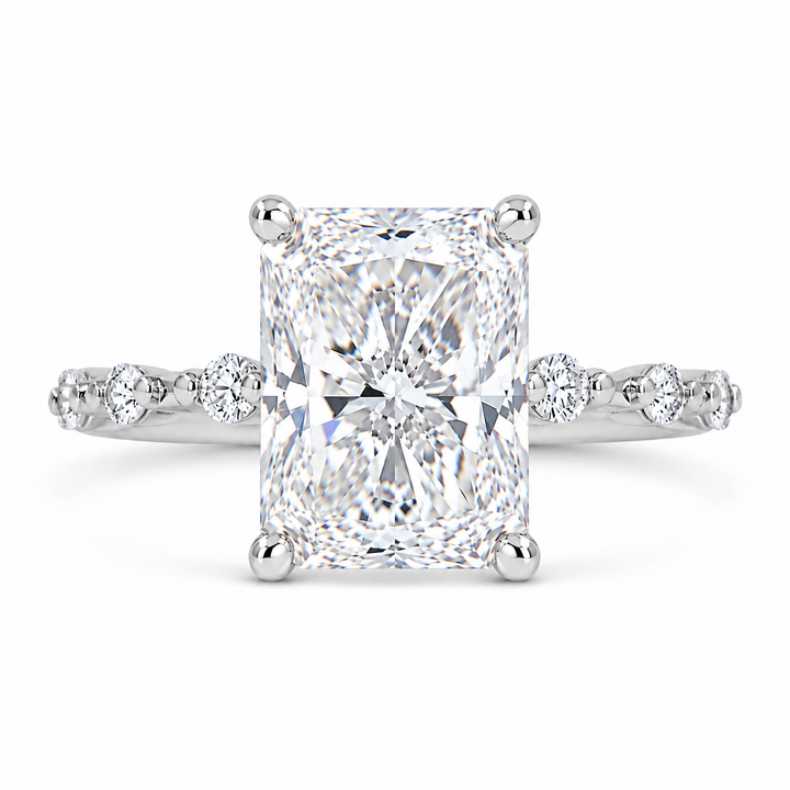 5 CT Radiant Cut Lab-Grown Diamond Hidden Halo Engagement Ring in 14K White Gold with Distance Pavé Wedding Band Design