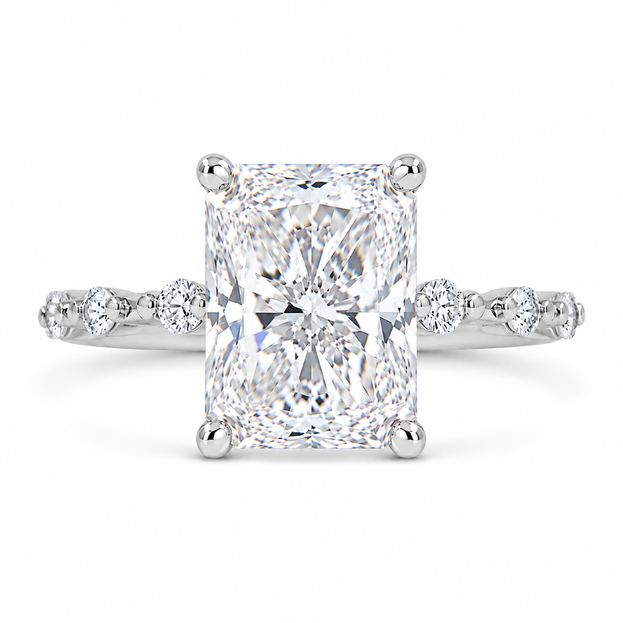 5 CT Radiant Cut Lab-Grown Diamond Hidden Halo Engagement Ring in 14K White Gold with Distance Pavé Wedding Band Design
