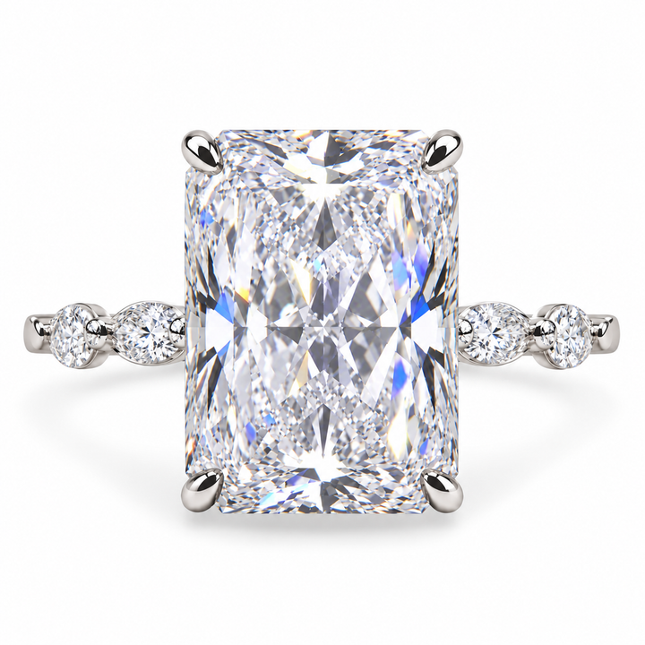 6 CT Radiant Cut Lab-Grown Diamond Hidden Halo Engagement Ring with Side Stones