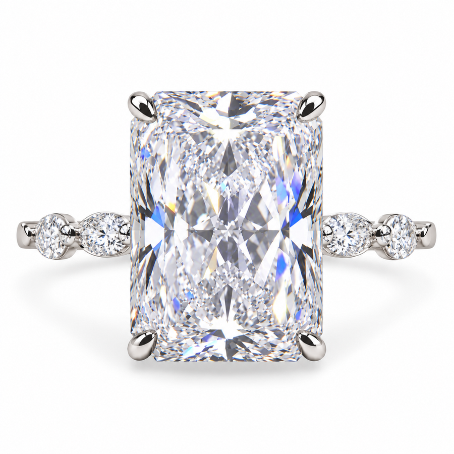 6 CT Radiant Cut Lab-Grown Diamond Hidden Halo Engagement Ring with Side Stones