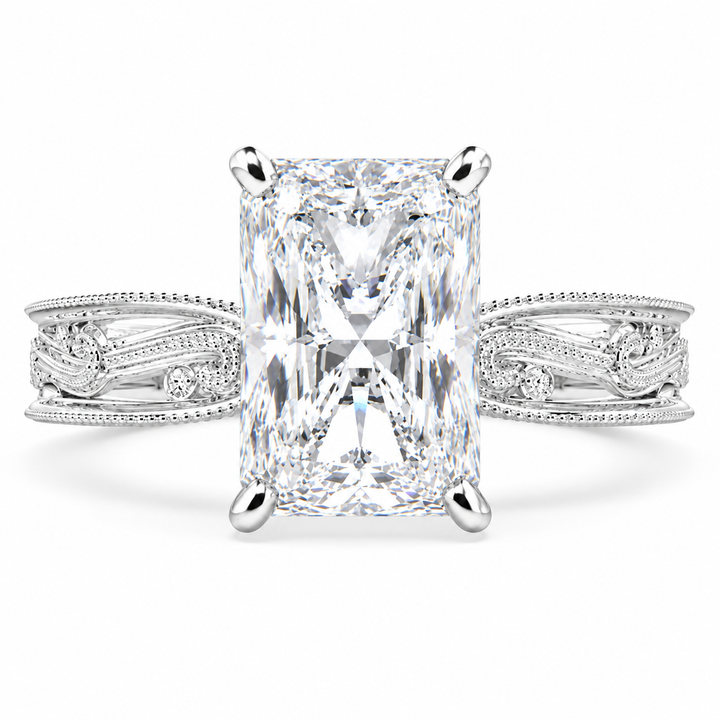 Sabrina 6 Carat Emerald Cut Solitaire Hand Engraved Milgrain Engagement Ring