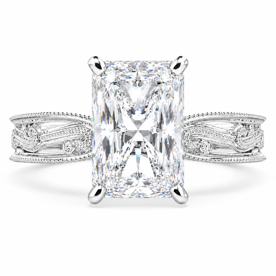 Sabrina 6 Carat Emerald Cut Solitaire Hand Engraved Milgrain Engagement Ring
