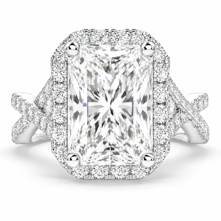 Ophelia 6.35 Carat Radiant Cut Pave Halo Split Shank Engagement Ring