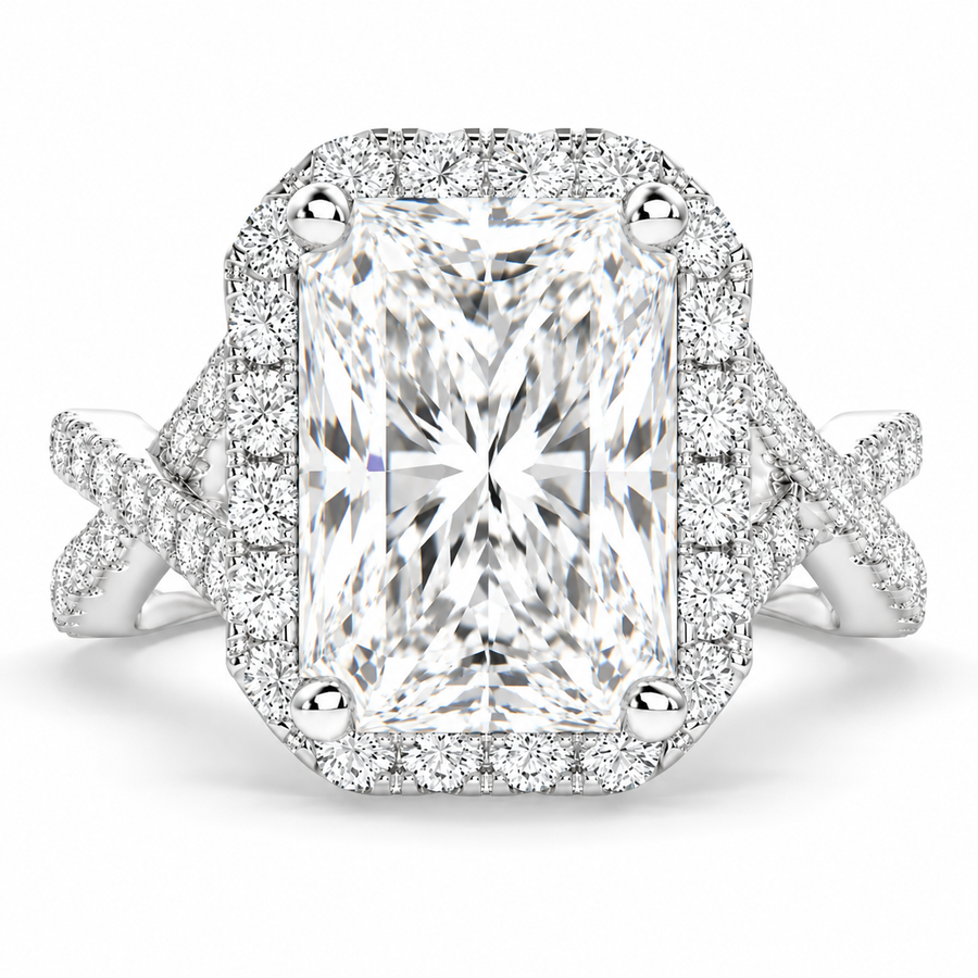 Ophelia 6.35 Carat Radiant Cut Pave Halo Split Shank Engagement Ring
