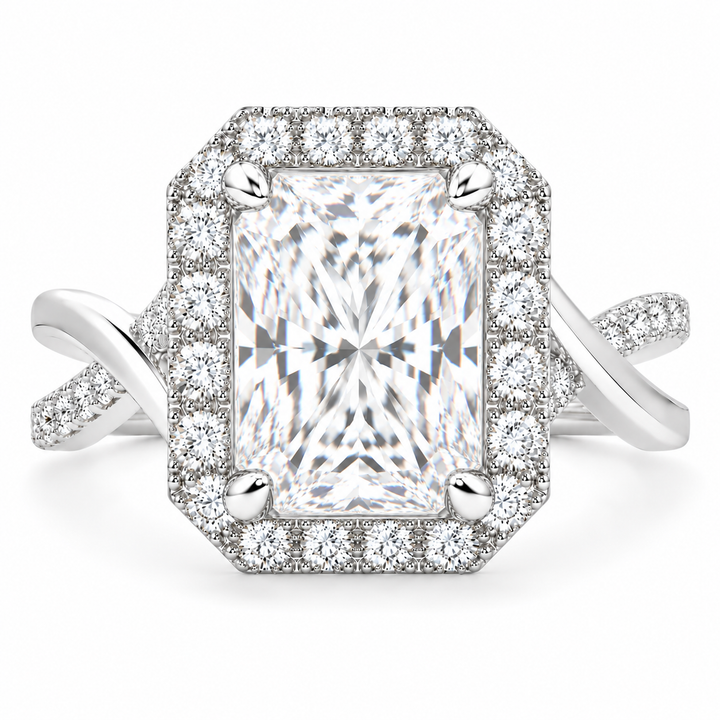 Celestina 6.35 Carat Radiant Cut Halo Pave Split Shank Engagement Ring