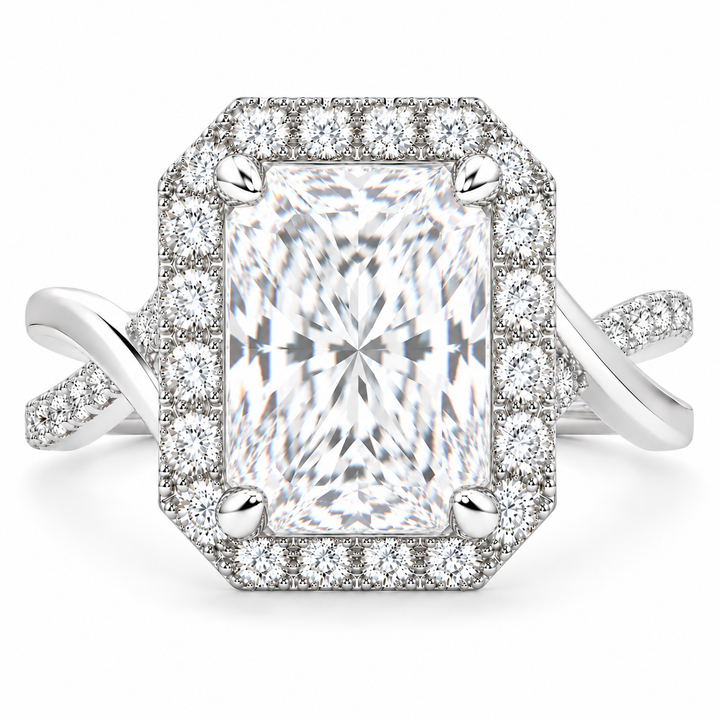 Celestina 7.35 Carat Radiant Cut Halo Pave Split Shank Engagement Ring